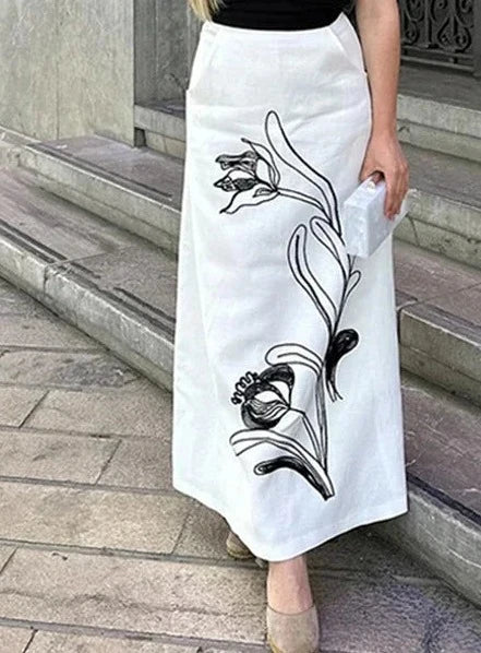 Elegant Flower Print Long Skirt