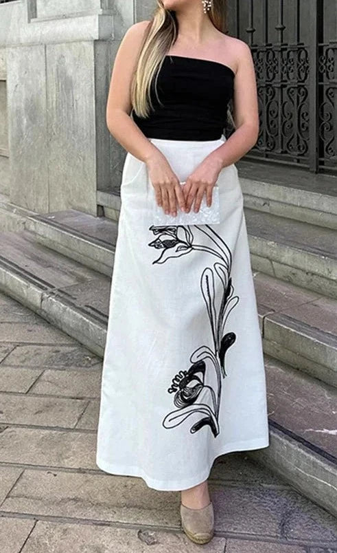 Elegant Flower Print Long Skirt