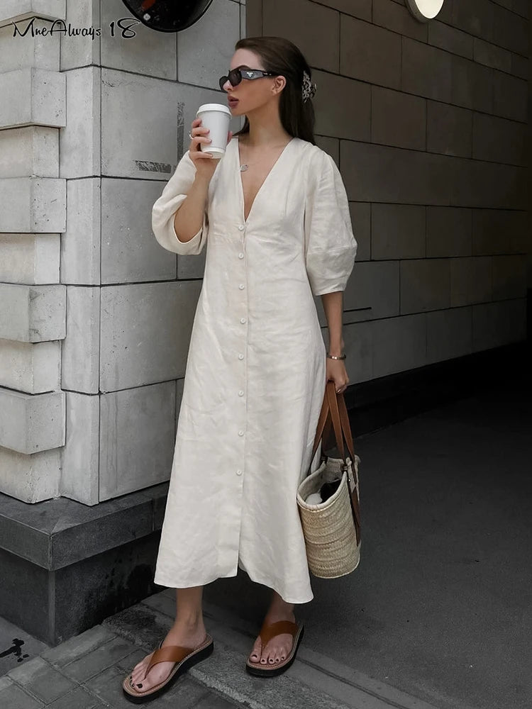 Elegant Base Beige Linen Dress